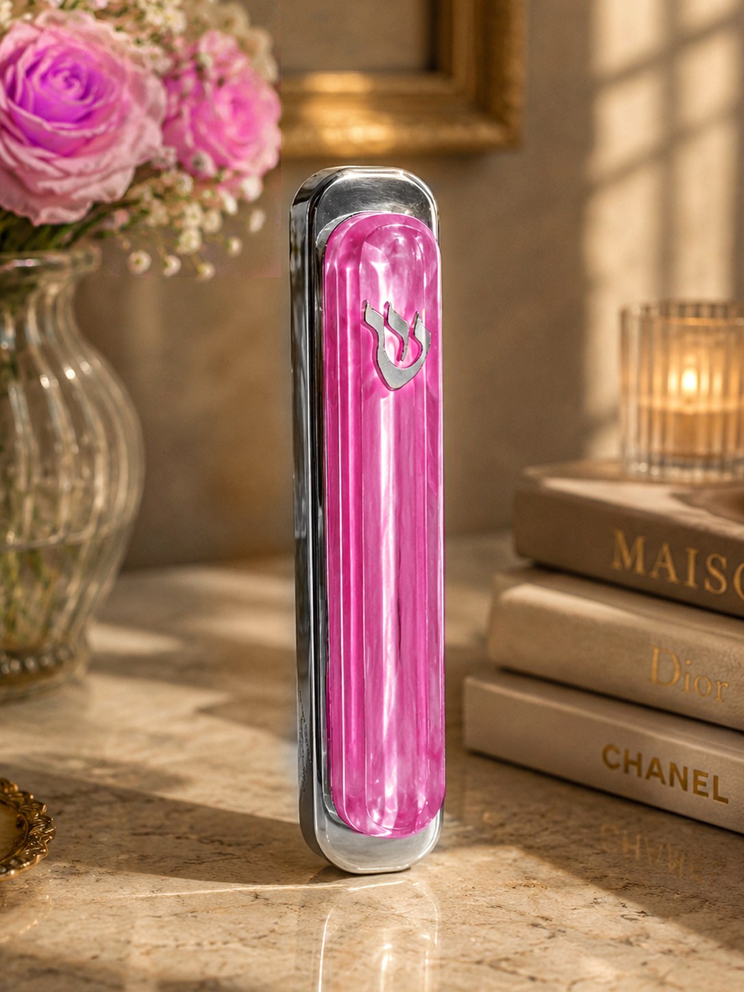 Mezouza rose Kadoch Design dans un intérieur luxe avec roses et livres Maison Dior Chanel